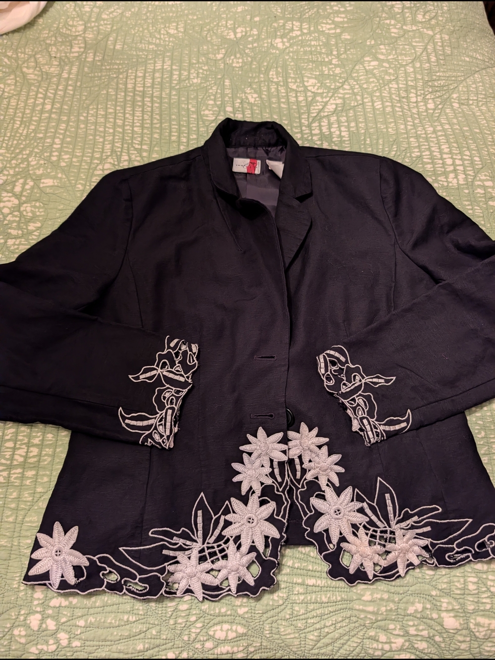 Emma James Black Jacket with White Floral Embroidery